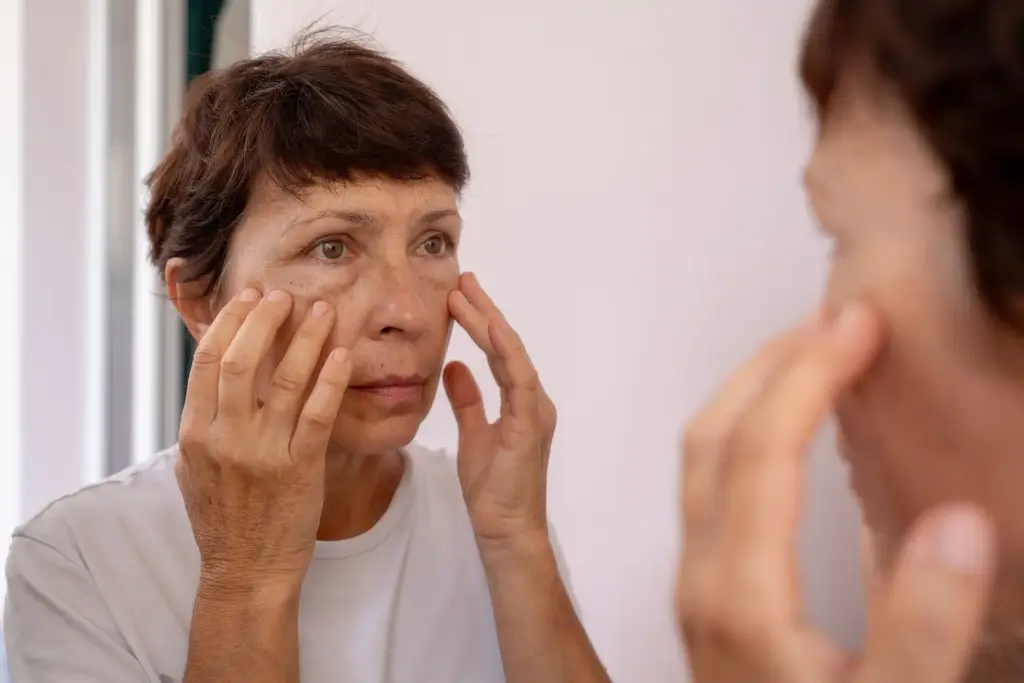 Mujer mayor mirándose la cara en el espejo